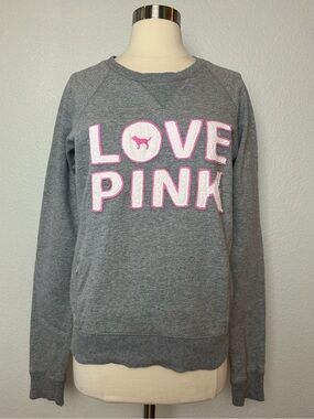 PINK Victoria’s Secret Sweatshirt Womens M Heather Gray Appliquéd Logo Love Pink